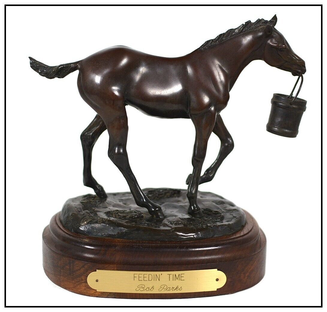 Bob Parks Original Bronze Feedin Time Sculpture Animal Horse Western Signed Art: This lot includes: Gallery COA & free domestic shipping (*insurance and international shipping for an additional charge) Artist: Bob Parks Title: Feedin' Time Medium: Bronze Size: 9” x 9.5" x 6&