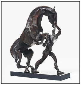 Sophie Dickens Full Round Bronze Sculpture Signed Rearing Horse Groom Modern Art