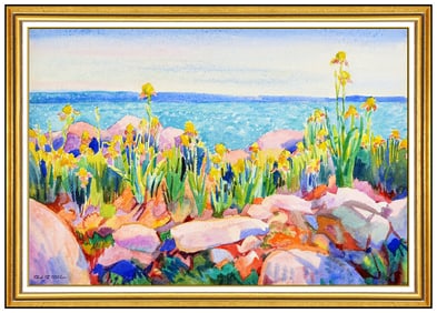 Carl Cutler Original Watercolor Painting Floral Seascape Signed Framed Artwork