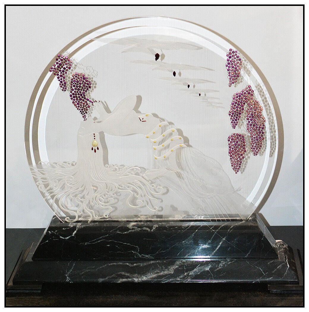 Erte Vintage Large Lighted Etched Glass Luminaire Hand Signed Bronze Sculpture (1 of 6)