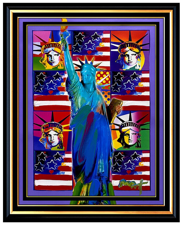 Peter Max Original Painting God Bless America Statue Of Liberty Signed Art Usa: This lot includes:Gallery COA & free domestic shipping (*insurance and international shipping for an additional charge)Artist: Peter Max Title: GOD BLESS AMERICA: 5 LIBERTIESMedium: Mixed MediaSize: 2