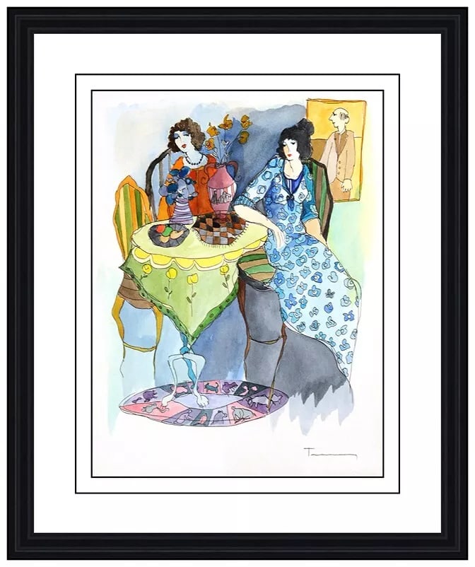 Itzchak Tarkay Original Watercolor Painting Signed Cafe Female Portrait Artwork