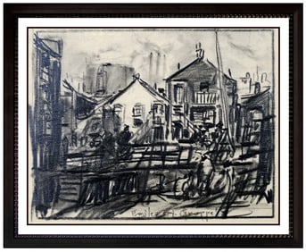 Emile Gruppe Original Charcoal Drawing Hand Signed Rockport Harbor Landscape Art
