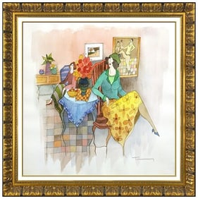 Itzchak Tarkay Original Watercolor Painting Signed Cafe Female Framed Artwork