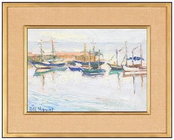 Rita Mount Original Oil Painting On Board Signed Harbor Nautical Framed Artwork