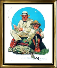 Norman Rockwell Color Lithograph Original Hand Signed Catching The Big One Art