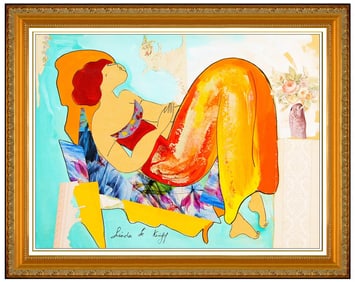 Linda Le Kinff Original Oil Painting On Board Female Portrait Collage Signed Art