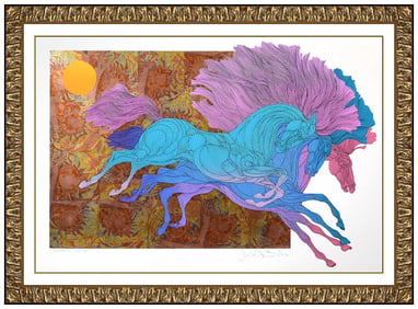 Guillaume Azoulay Original Mixed Media Painting Horses Signed Framed Artwork