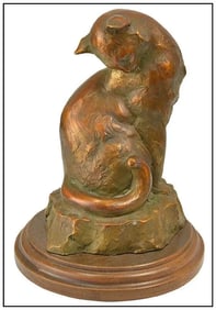 Sandy Scott Preening Cat Original Bronze Sculpture Signed Animal Statue Artwork