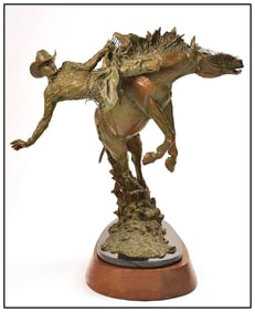 Greg Kelsey Large Western Bronze Sculpture My Own Bucking Business Cowboy Horse