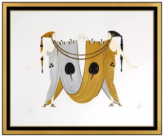 Erte Highly Embossed Color Serigraph Sisters Signed Female Figurative Art Deco