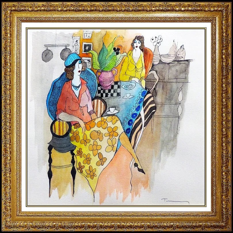 Itzchak Tarkay Original Painting Watercolor Signed Lady Cafe Portrait Artwork (1 of 4)