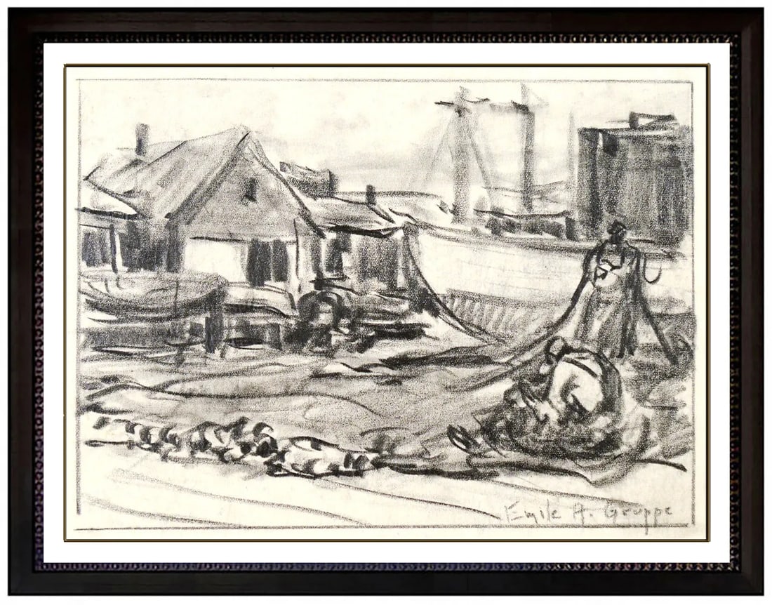 Emile Gruppe Charcoal Drawing Original Hand Signed Gloucester Harbor Framed Art (1 of 3)
