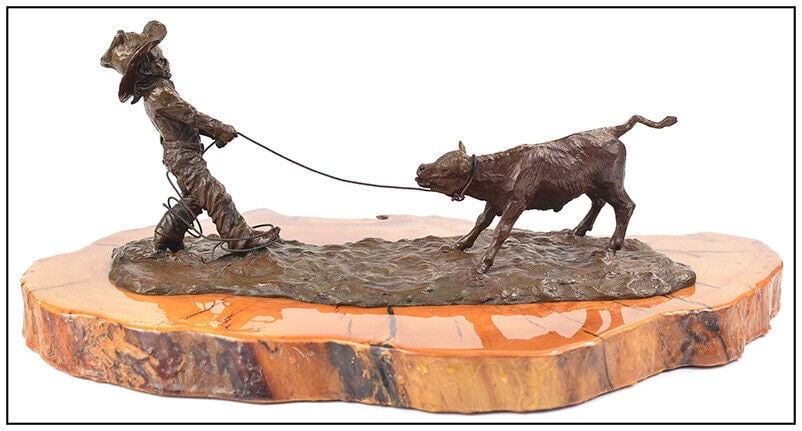 Vel Miller Cowboy Child Full Round Original Bronze Sculpture Signed Roping Art (1 of 8)
