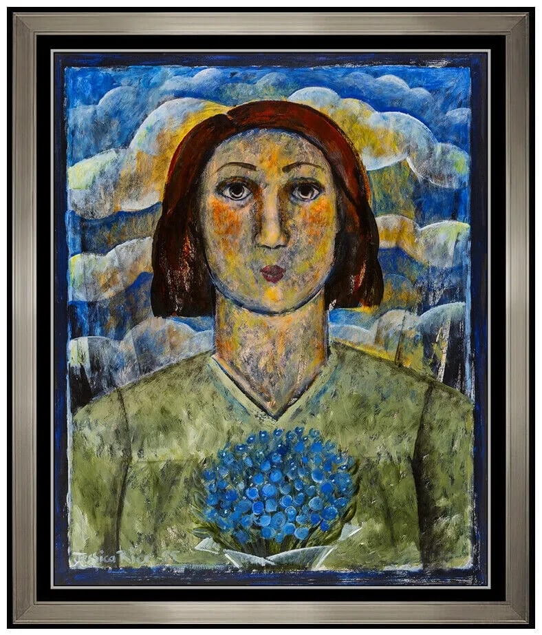 Jessica Rice Large Original Acrylic Painting Signed Female Portrait Framed Art: This Lot Includes:Gallery Coa & Free Domestic Shipping (*Insurance And International Shipping For An Additional Charge)Artist: Jessica RiceTitle: Bouquet for ScarlettMedium: acrylic painting on art pa