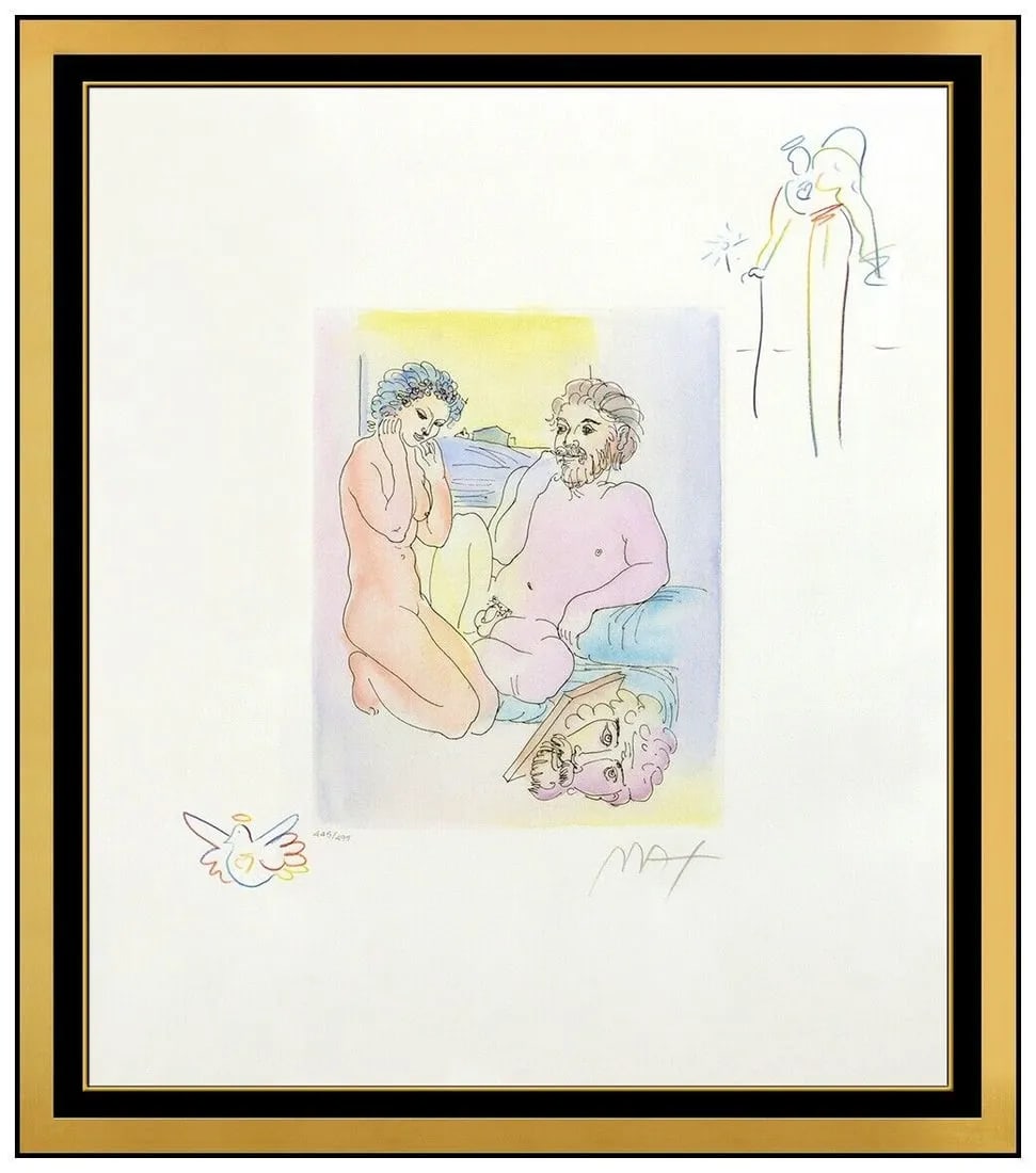 Peter Max Homage To Picasso Hand Colored Etching Signed Portrait Framed Pop Art: This lot includes:Gallery COA & free domestic shipping (*insurance and international shipping for an additional charge)Artist: Peter Max Title: Homage To Picasso I: Dove and AngelMedium: EtchingSize: