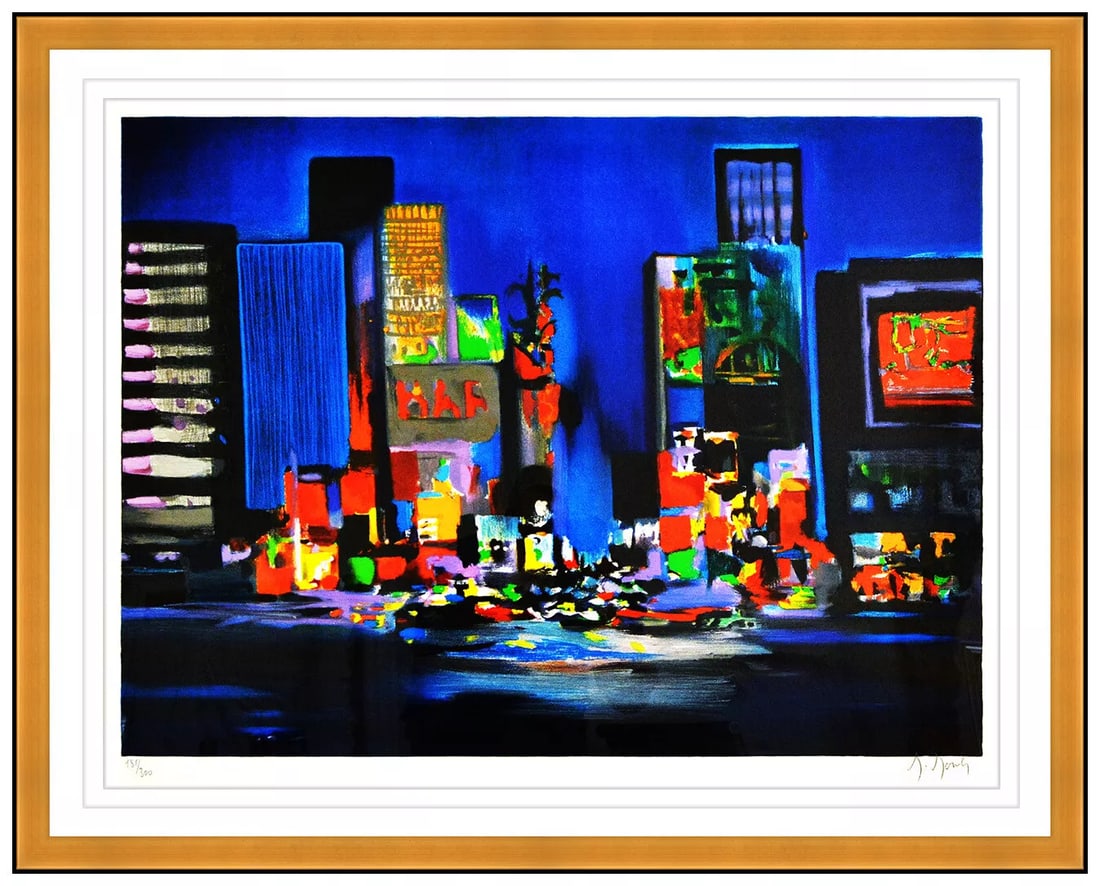 Marcel Mouly Large Color Lithograph Signed New York Times Square Signed Artwork: This lot includes:Gallery COA & free domestic shipping (*insurance and international shipping for an additional charge)Artist: Marcel Mouly Title: Times SquareMedium: LithographSize: 24.25" x 31"Frame
