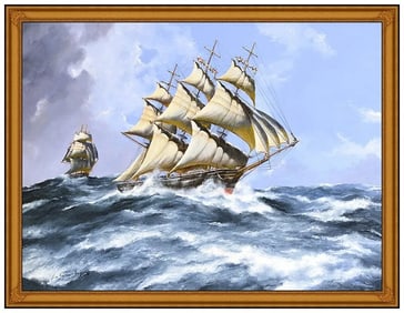 John Bentham Dinsdale Oil Painting On Canvas Large Signed Nautical Ship Sea Art