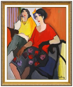 Itzchak Tarkay Large Original Painting On Canvas Signed Female Portrait Cafe Art