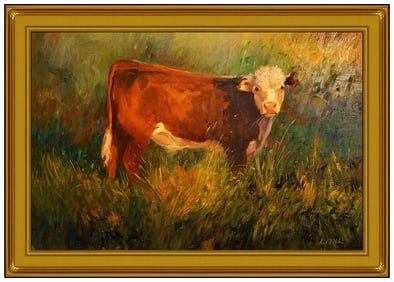 Robert Moore Large Original Oil Painting On Board Cow Animal Signed Framed Art