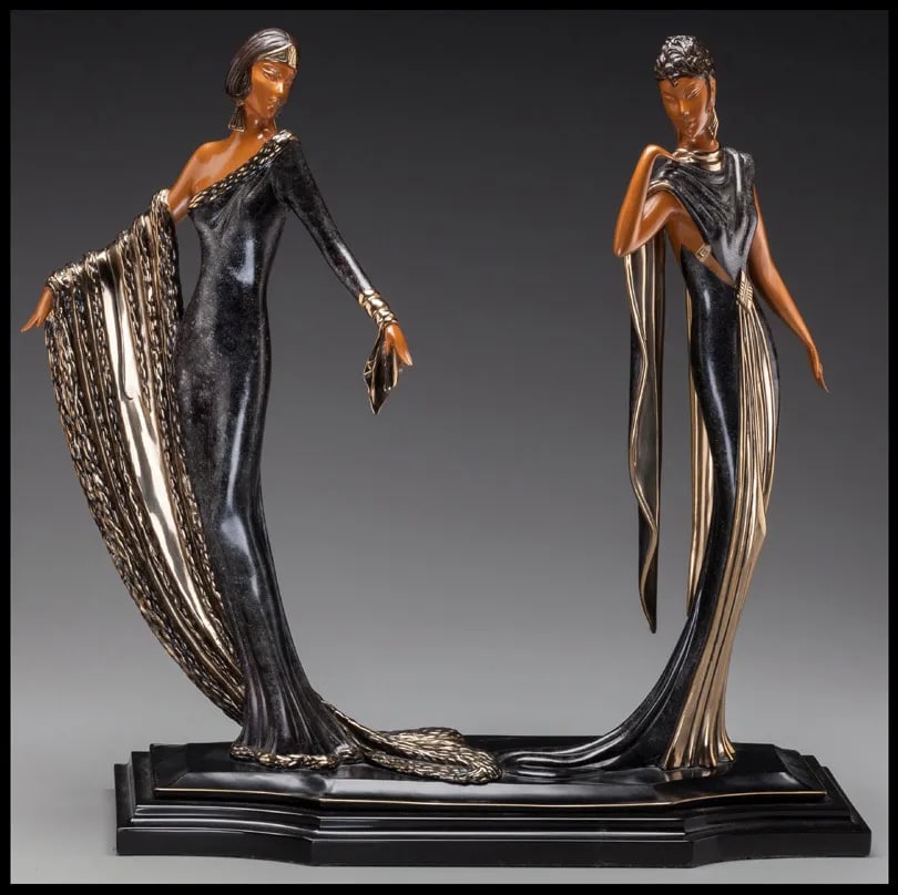 Erte Signed Bronze Sculpture Duetto Original Art Deco Antique Female Dance Large: This lot includes:Gallery COA & free domestic shipping (*insurance and international shipping for an additional charge)Artist: ErteTitle: DUETTOMedium: BronzeSize: 18" x 20" x 7"Signed: in bronzeNumbe