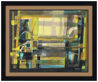 Marcel Mouly Original Gouache Painting Signed Abstract Figurative Framed Artwork