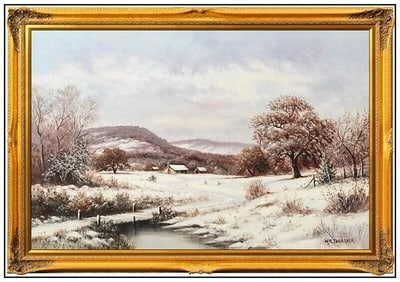 William Robert Thrasher Original Oil Painting On Canvas Signed Winter Landscape