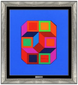 Victor Vasarely Original Xiko Collage Hand Signed Modern Painting Framed Art