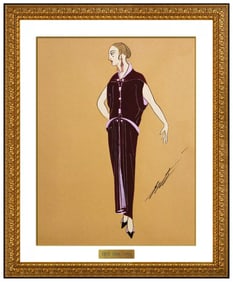 Erte Rare Original Gouache Painting Signed Art Deco Dress Design Couture Framed