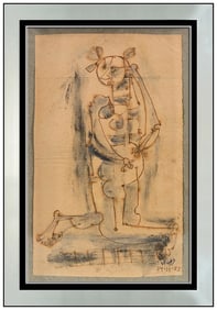 Oswaldo Vigas Original Abstract Figruative Charcoal Drawing Signed Framed Art