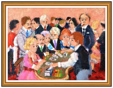 Urbain Huchet Large Original Gambling Scene Acrylic On Canvas Painting Signed