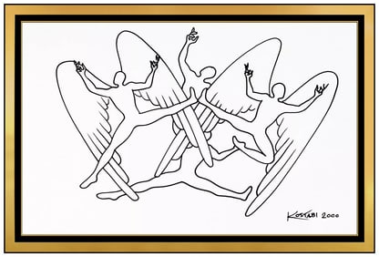 Mark Kostabi Original Faceless Figures Ink Drawing Signed Modern Framed Artwork