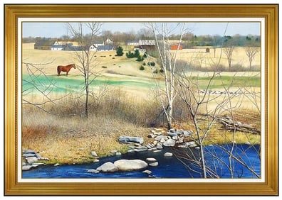 William E Baldwin Oil Painting On Board Rural Landscape Signed New England Large