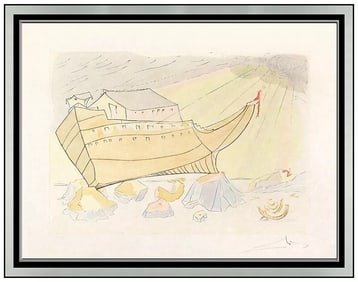 Salvador Dali Hand Signed Color Etching Noahs Ark Signed Framed Surreal Artwork