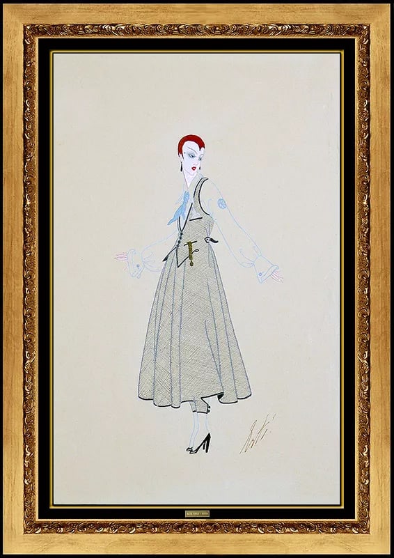 Erte Original Costume Design Gouache Painting Art Deco Antique Signed Tirtoff: This lot includes:Gallery COA & free domestic shipping (*insurance and international shipping for an additional charge)Artist: ErteTitle: Bendel DressMedium: Gouache Painting on PaperSize: 9.5" x 6.25