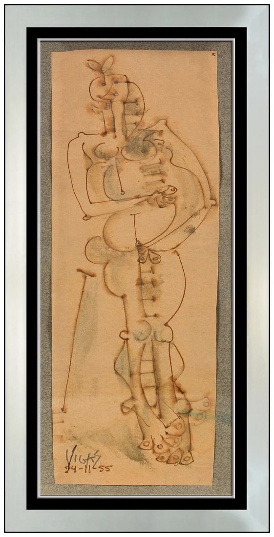 Oswaldo Vigas Original Abstract Charcoal Ink Drawing Signed Framed Figurative (1 of 4)
