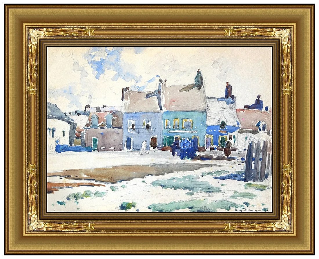 Roy Henry Brown Original Watercolor Painting Signed Framed Winter Landscape Art: This lot includes:Gallery COA & free domestic shipping (*insurance and international shipping for an additional charge)Artist: Roy Henry BrownTitle: Winter in the VillageMedium: Watercolor Painting Si