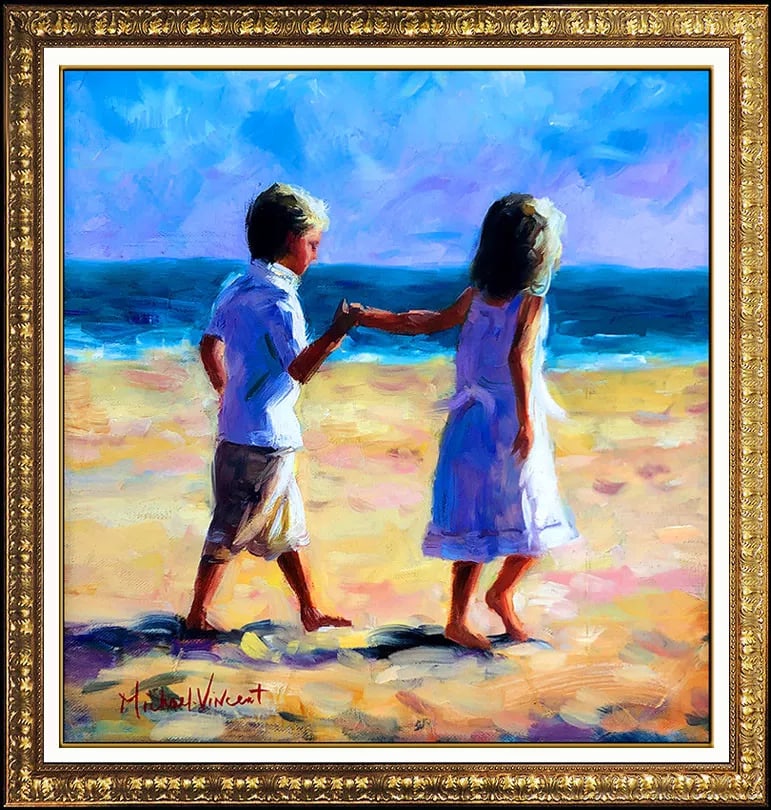 Michael Vincent Original Painting Oil On Canvas Signed Child Sister Portrait Art (1 of 4)