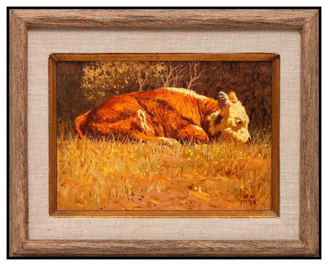 Robb Woods Rare Original Oil Painting Canvas Signed Cow Animal Framed (1 of 5)