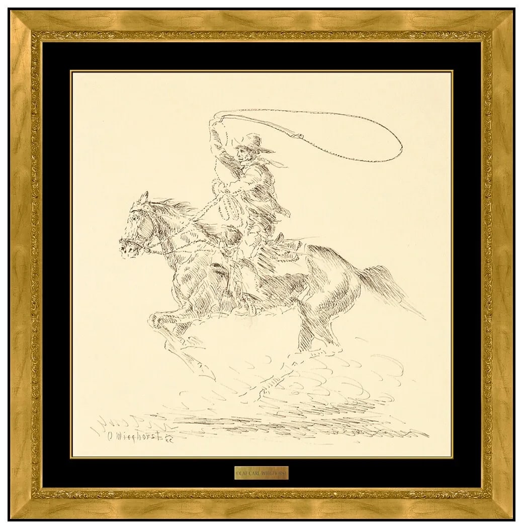Olaf Carl Wieghorst Ink Original Drawing Cowboy Horse Figure Signed Framed Art