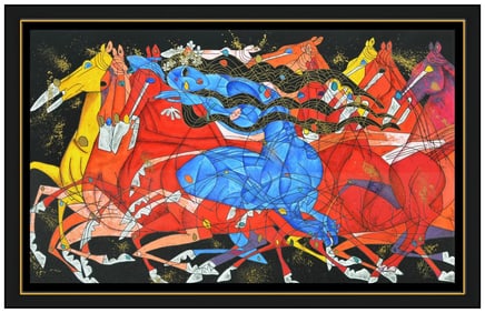 Jiang Tie Feng Large Hand Embellished Serigraph Blue Lady Horse Signed Framed