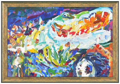 James Mouton Original Oil Painting On Board Figures Alligator Signed Framed Art