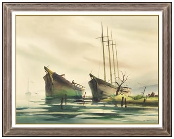 John Cuthbert Hare Original Gouache Painting Signed Seascape Framed Nautical