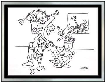 Mark Kostabi Original Ink Drawing Faceless Figures Signed Modern Framed Artwork