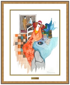 Itzchak Tarkay Original Watercolor Painting Female Cafe Signed Framed Artwork