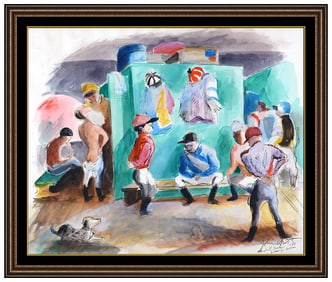 John Groth Original Watercolor Painting Signed Figures Jockeys Framed Artwork