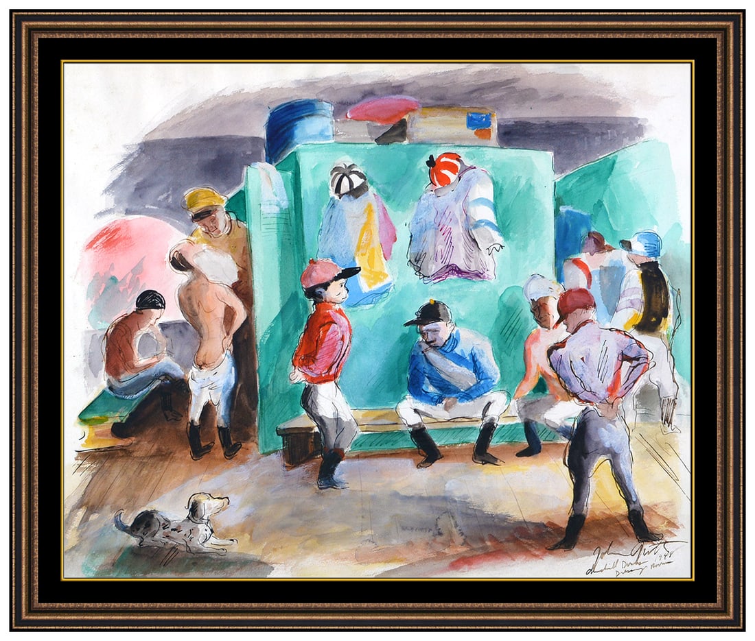 John Groth Original Watercolor Painting Signed Figures Jockeys Framed Artwork (1 of 4)