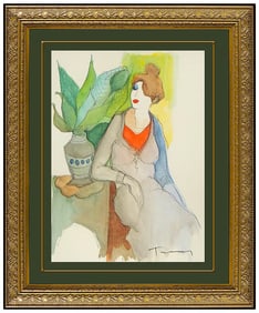 Itzchak Tarkay Original Painting Watercolor Signed Female Portrait Lade Cafe Art