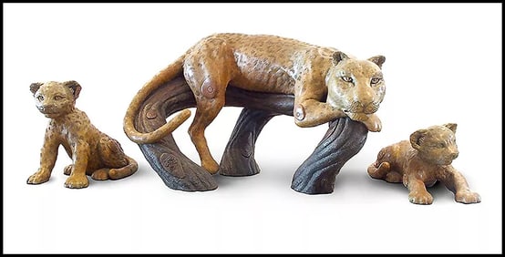 Jiang Tie Feng Large Leopard Family Full Round Bronze Sculpture Signed Art All 3
