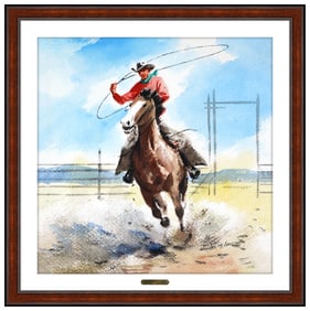 Stanley M. Long Original Watercolor Painting Figure Horse Signed Framed Artwork